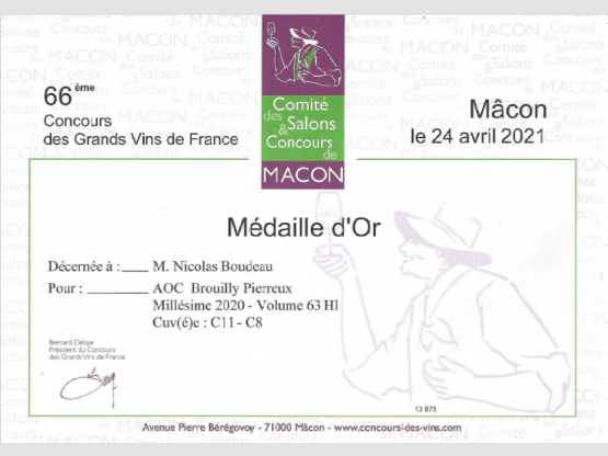 Médaille d&#039;Or pour Brouilly Pierreux 2020 Nicolas Boudeau