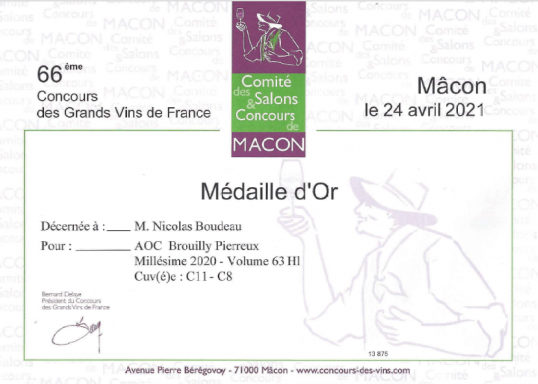 Médaille d&#039;Or pour Brouilly Pierreux 2020 Nicolas Boudeau