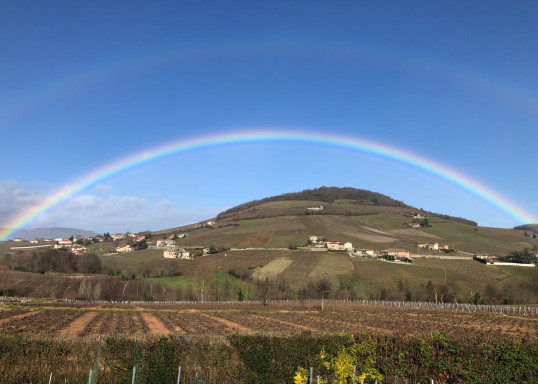 Superbe arc-en-ciel au-dessus du Mont Brouilly dans le Beaujolais